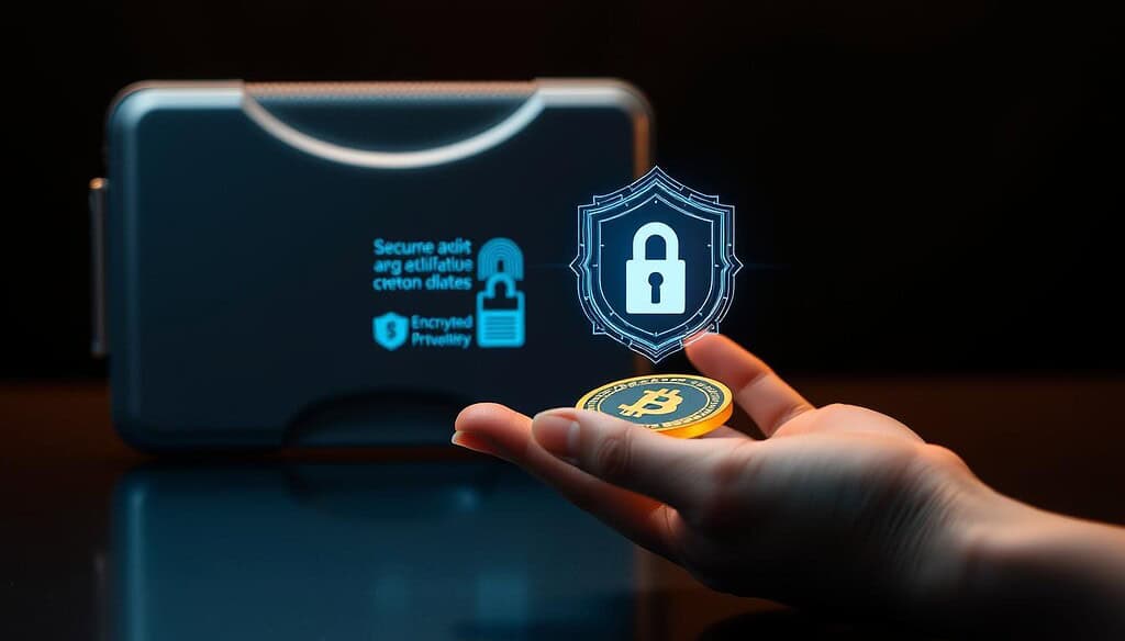 A secure crypto wallet against a dark backdrop, its sleek metallic surface reflecting the soft glow of amber lighting. In the foreground, a hand delicately holding a digital token, symbolizing the secure storage and transaction of digital assets. The middle ground features a holographic display showcasing the wallet's advanced security features, including biometric authentication and encrypted private keys. In the background, a subtle grid pattern suggests the blockchain technology underpinning the secure crypto ecosystem. The overall composition conveys a sense of confidence, control, and the fusion of technology and finance.