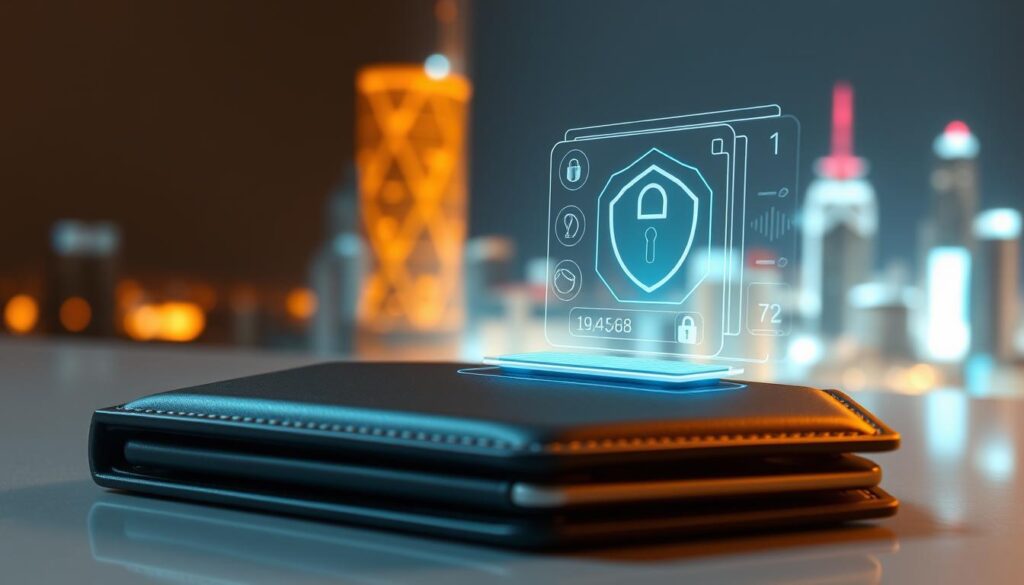 A secure digital wallet, crafted with meticulous attention to detail. In the foreground, a sleek, modern wallet design in matte black, its surface accentuated by subtle metallic accents. The middle ground showcases a holographic display, projecting encrypted transaction data and security features. In the background, a luminous, futuristic cityscape serves as a backdrop, conveying a sense of technological advancement and safety. Soft, directional lighting casts a warm glow, highlighting the wallet's premium construction and the overall atmosphere of trust and reliability. Captured through a wide-angle lens, the image exudes a sense of precision, sophistication, and unwavering security.