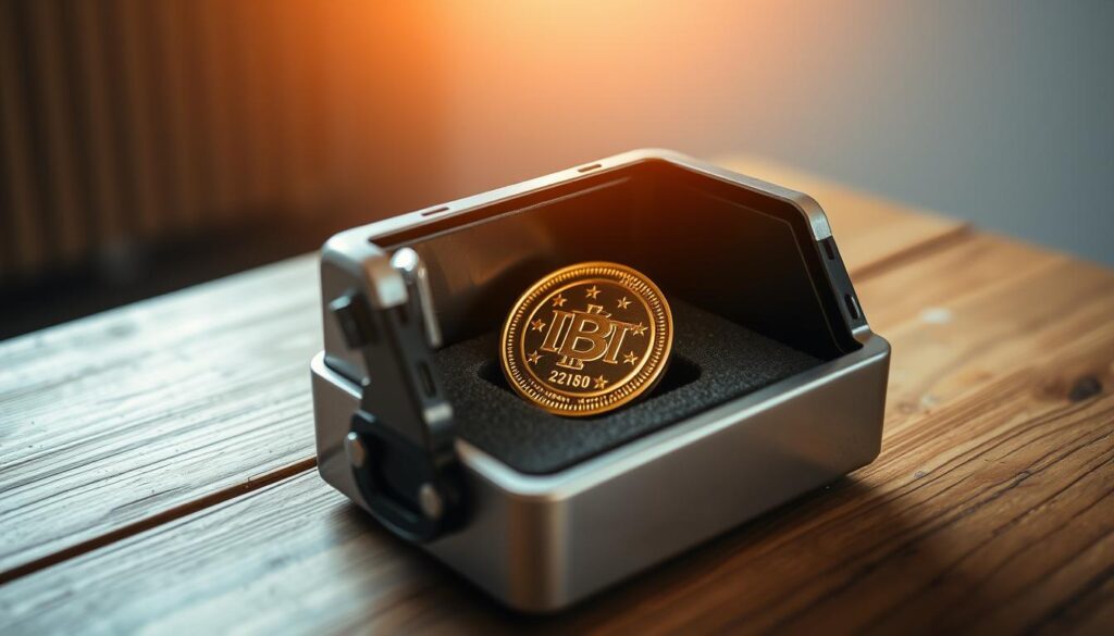A secure, weatherproof metal box rests on a sturdy wooden table, its sleek design and matte finish exuding an air of reliability. The interior is lined with protective foam, cradling a single, gleaming Texit coin. Soft, diffused lighting from above casts a warm glow, highlighting the coin's intricate details. The scene is captured in a low-angle perspective, emphasizing the solidity and importance of the cold storage device. A sense of tranquility and confidence pervades the image, conveying the secure safekeeping of the Texit cryptocurrency.