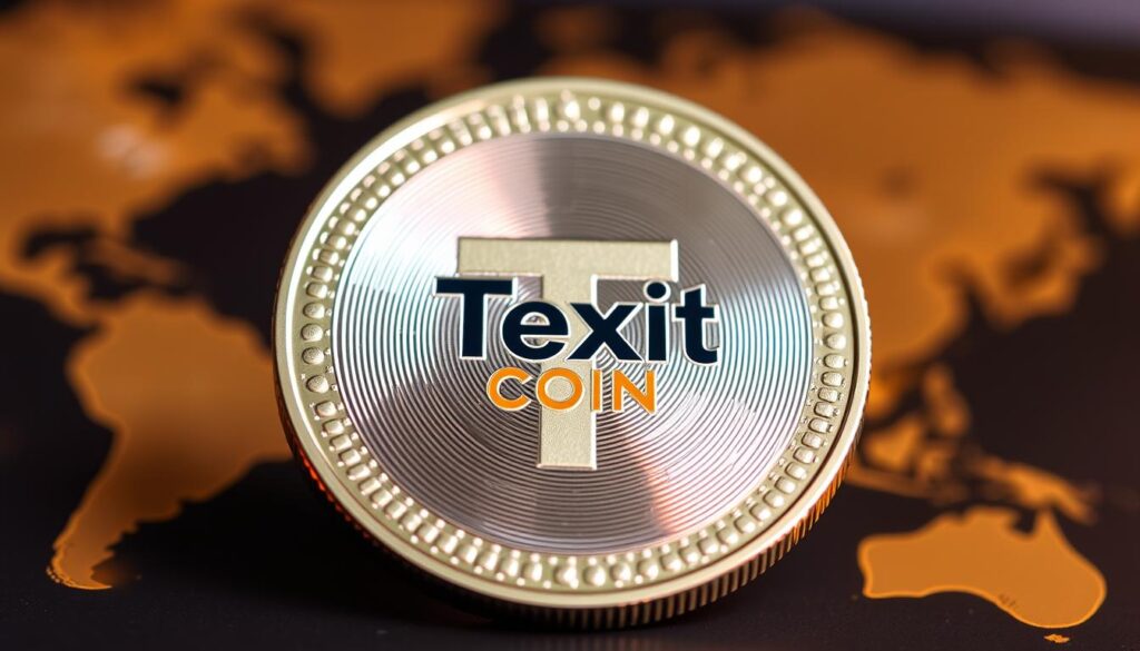 A shiny, metallic coin with the "Texit Coin" logo prominently displayed in the center. The coin is set against a backdrop of a stylized world map, hinting at the global reach of the Texit Coin Affiliate Program. The lighting is warm and inviting, creating a sense of professionalism and trustworthiness. The camera angle is slightly elevated, giving the image a sense of authority and importance. The overall mood is one of opportunity and potential, inviting the viewer to explore the Texit Coin Affiliate Program and the tools and resources available to them.