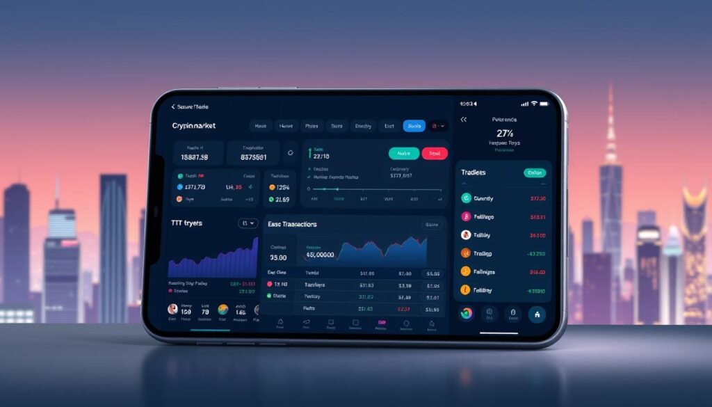 A sleek and futuristic decentralized finance app interface, showcasing a secure crypto trading platform with a clean, minimalist design. The foreground features an intuitive dashboard displaying real-time market data, trading tools, and portfolio management options. The middle ground presents a seamless transaction flow, highlighting the ease of moving funds between wallets and executing trades. In the background, a stylized cityscape with skyscrapers and a vibrant, neon-tinged skyline sets the tone of a cutting-edge, technology-driven financial ecosystem. Soft, directional lighting illuminates the app's features, creating a sense of depth and sophistication. The overall atmosphere conveys a secure, user-friendly, and visually striking decentralized finance experience.