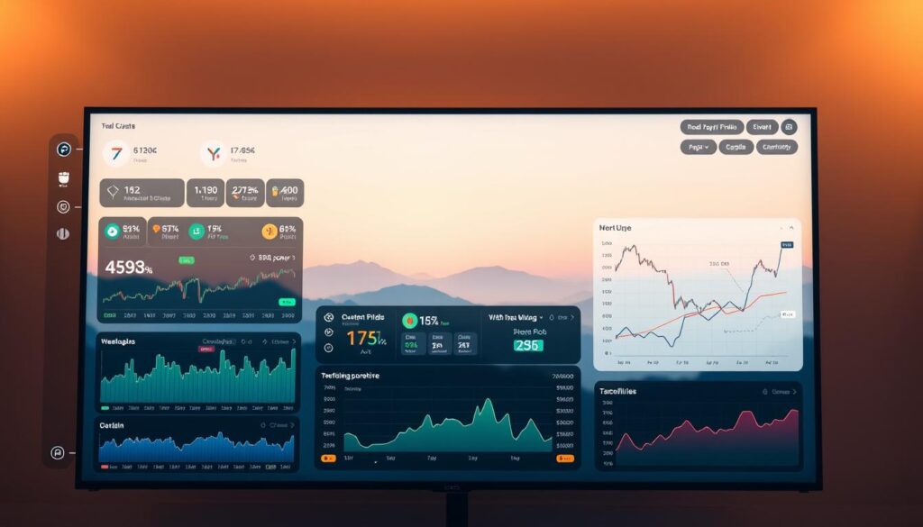 A sleek and intuitive blockchain assets monitor, with a clean and minimalist user interface. The foreground features an array of interactive charts and graphs, displaying real-time data on cryptocurrency holdings, market trends, and portfolio performance. The middle ground showcases customizable widgets, allowing users to track specific assets, set price alerts, and analyze trading patterns. The background features a subtle, soft-focus landscape, conveying a sense of calm and focus amidst the dynamic financial data. Warm, neutral lighting illuminates the display, creating a professional and trustworthy atmosphere. The overall composition is balanced and visually appealing, reflecting the seamless integration of technology and user experience.