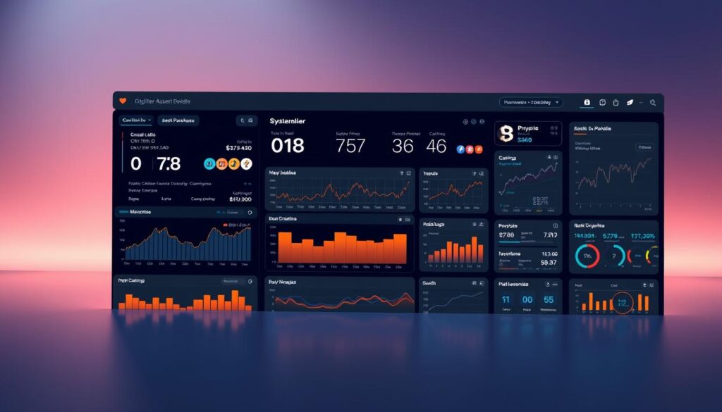A sleek and intuitive digital asset portfolio management dashboard, with a clean and modern interface. In the foreground, a series of charts and graphs display real-time data on cryptocurrency holdings, price fluctuations, and investment performance. The middle ground features interactive tools for analyzing and optimizing the portfolio, including asset allocation, risk management, and market trend visualizations. The background showcases a minimalist, high-contrast color scheme with subtle 3D elements, creating a sophisticated and technologically advanced atmosphere. Soft, directional lighting emphasizes the dynamic and responsive nature of the platform, captured from a slightly elevated, wide-angle perspective to convey a sense of comprehensive oversight and control.