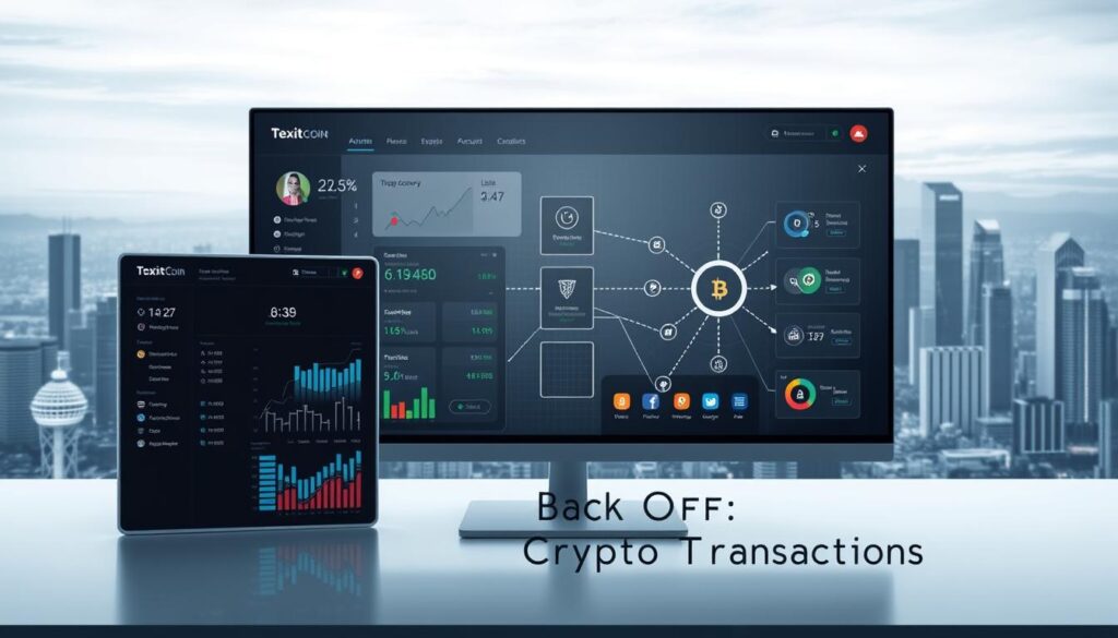 A sleek and modern cryptocurrency back office interface, showcasing the seamless integration of the Texit Coin platform with other financial systems. The foreground features a stylish dashboard displaying real-time transaction data, balance information, and user account details. The middle ground depicts interconnected data visualizations and transaction flow diagrams, highlighting the platform's robust integration capabilities. In the background, a minimalist yet futuristic cityscape sets the tone, with subtle lighting and a neutral color palette conveying a sense of professionalism and technological sophistication. The overall scene exudes a polished, efficient, and user-friendly atmosphere, capturing the essence of the "Texit Coin Back Office: Streamline Your Crypto Transactions" article.