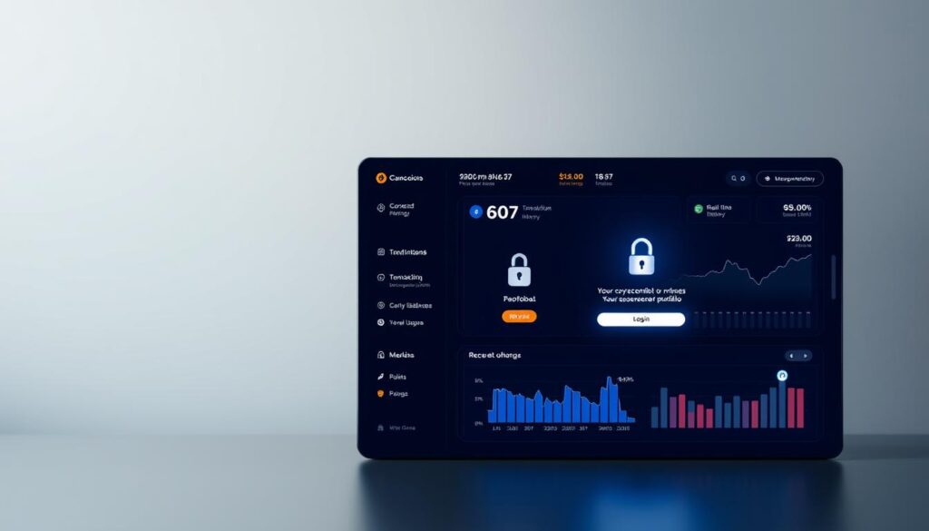 A sleek and modern cryptocurrency dashboard interface, featuring a clean layout with intuitive navigation. The foreground showcases a series of customizable data visualizations, displaying real-time information on cryptocurrency balances, transaction history, and market trends. The middle ground features a secure login screen with a minimalist design and subtle lighting effects, inviting the user to securely access their cryptocurrency portfolio. The background blends a soft gradient of muted tones, creating a calming and professional atmosphere. The overall composition conveys a sense of control, security, and analytical insight into the user's digital assets.