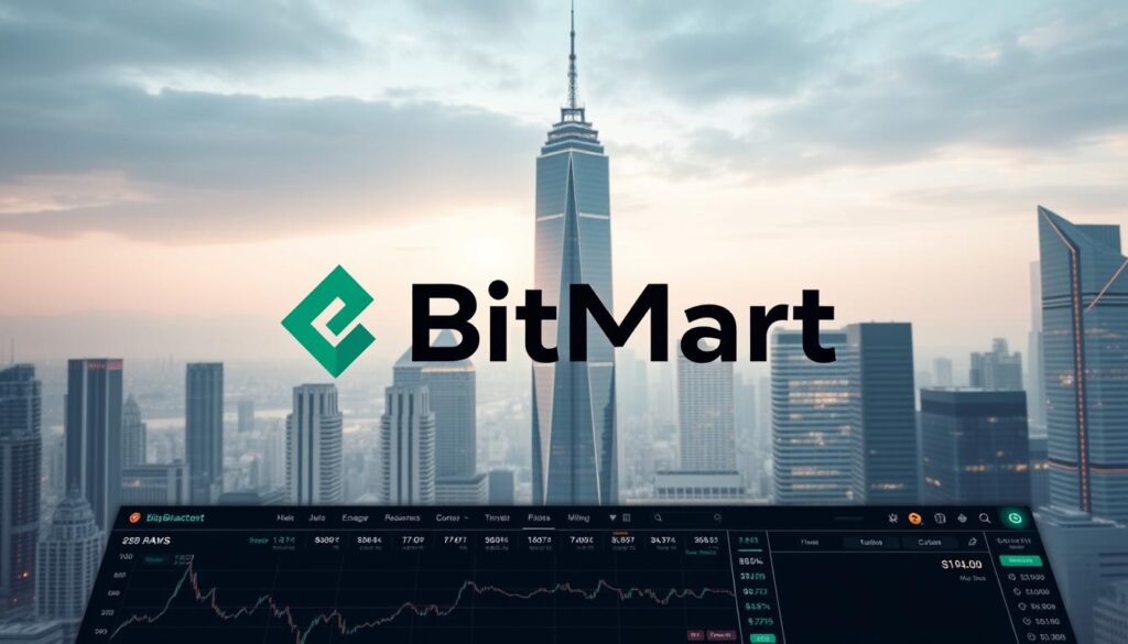 A sleek and modern cryptocurrency exchange platform, BitMart, set against a backdrop of a dynamic cityscape. The exchange's logo prominently displayed, its angular design complemented by the towering skyscrapers in the middle ground. The foreground features a user interface with clean lines, intuitive controls, and seamless integration of trading tools. Soft, diffused lighting creates a sense of sophistication, while the overall composition conveys a sense of reliability, security, and technological prowess. The scene exudes a professional, cutting-edge atmosphere, perfectly suited to showcase the capabilities of the BitMart exchange.