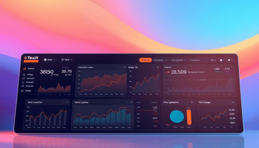 A sleek and modern dashboard displaying key metrics for the Texit cryptocurrency. In the foreground, a series of interactive charts and graphs showcasing transaction volume, market capitalization, and price fluctuations over time. In the middle ground, a clean and minimalist user interface with intuitive controls and toggles for customizing the data visualizations. The background features a subtle, yet striking gradient in the brand's vibrant color palette, lending an air of sophistication and technological prowess. Soft, directional lighting casts a warm glow across the display, creating depth and dimensionality. The overall aesthetic is one of advanced analytics, data-driven insights, and a commitment to transparency in the Texit ecosystem.