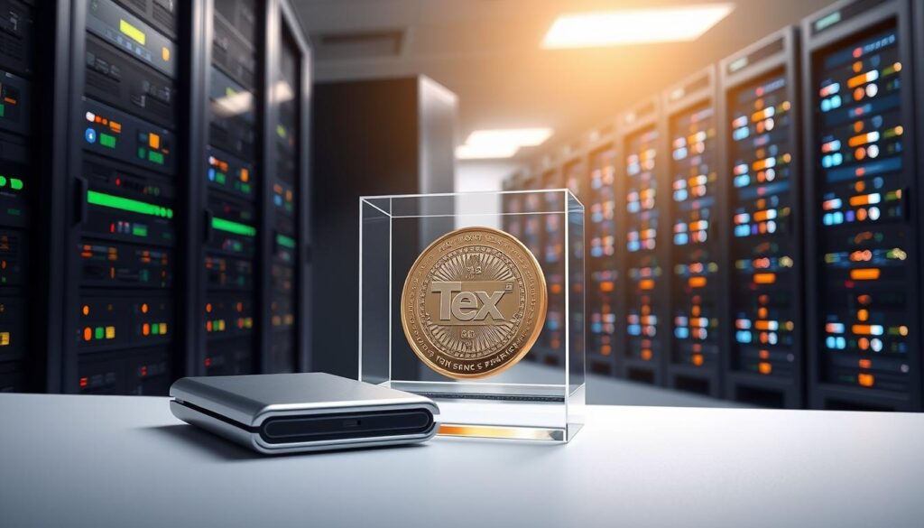 A sleek and modern illustration of various storage options for Texit Coin. In the foreground, a polished metal hardware wallet sits atop a minimalist desk, its subtle curves and matte finish reflecting the sophistication of digital asset storage. In the middle ground, a transparent glass display case showcases a physical Texit Coin, its intricate details and metallic sheen catching the soft, directional lighting from above. In the background, a series of server racks outfitted with blinking status lights and cooling fans represents the secure, decentralized nature of blockchain-based storage. The overall tone is one of technical elegance, highlighting the importance of proper Texit Coin custody for the discerning investor.