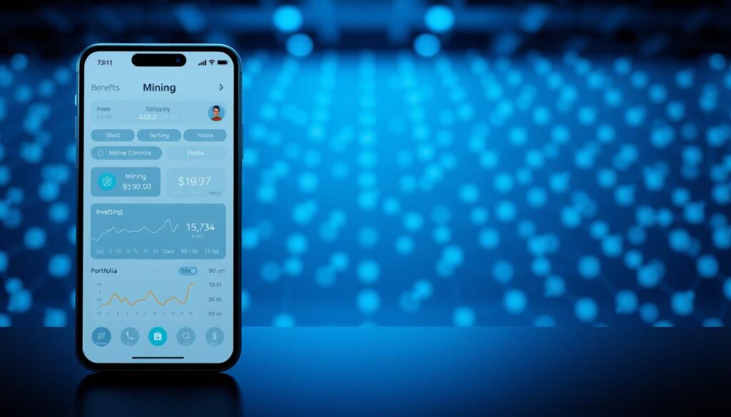 A sleek and modern mobile app interface depicting the key benefits of Texit Coin Mining. In the foreground, a clean dashboard displays mining statistics, earnings, and investment details in a minimalist, data-driven design. The middle ground features intuitive mining controls, settings, and portfolio management tools. In the background, a stylized grid of blockchain nodes and cryptocurrency symbols creates a futuristic, technologically-advanced atmosphere. Soft blue and grey tones, subtle lighting, and a shallow depth of field convey a sense of sophistication and professionalism. The overall impression is one of an efficient, user-friendly, and trustworthy crypto mining experience.