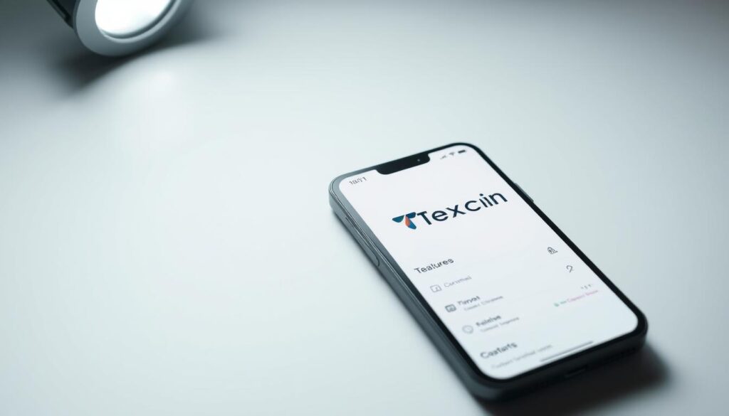 A sleek and modern mobile app interface showcasing the Texit Coin logo against a clean, minimalist background. The app's home screen displays a simple and intuitive layout with clearly labeled features and options, inviting the user to explore the app's functionality. Soft lighting from the top left casts a subtle glow, highlighting the app's elegant design. The overall atmosphere exudes a sense of security, trustworthiness, and ease of use, reflecting the app's purpose of facilitating secure cryptocurrency investments.