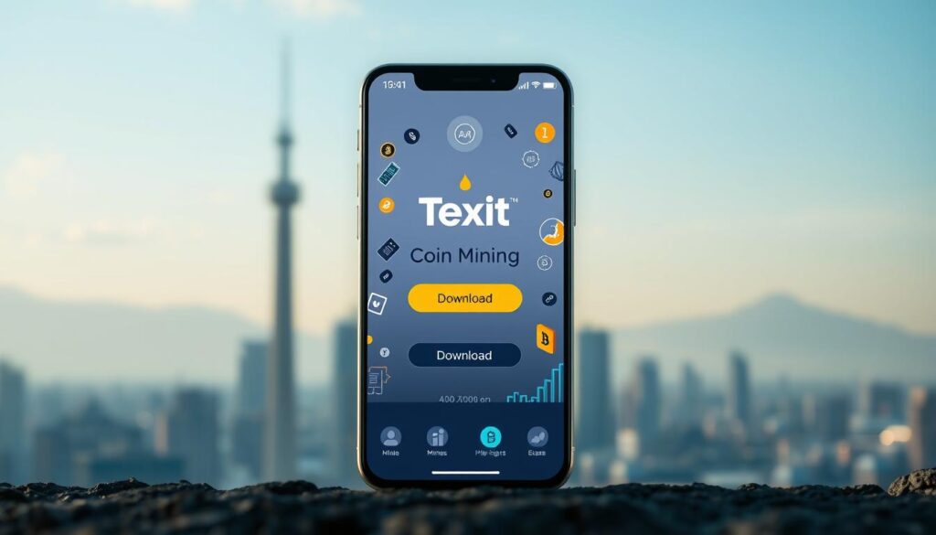 A sleek and modern mobile app interface showcasing the Texit coin mining experience. In the foreground, a smartphone display presents a clean, minimalist design with a prominent "Texit Coin Mining" logo and a large "Download" button, inviting the user to begin their crypto mining journey. The middle ground features various mining-related icons and graphics, such as digital currency symbols, mining rigs, and data visualizations, all rendered in a vibrant, futuristic style. The background subtly depicts a cityscape or industrial landscape, hinting at the scale and technological prowess of the Texit coin mining ecosystem. The overall tone is one of accessibility, efficiency, and the empowerment of individuals to participate in the decentralized economy.