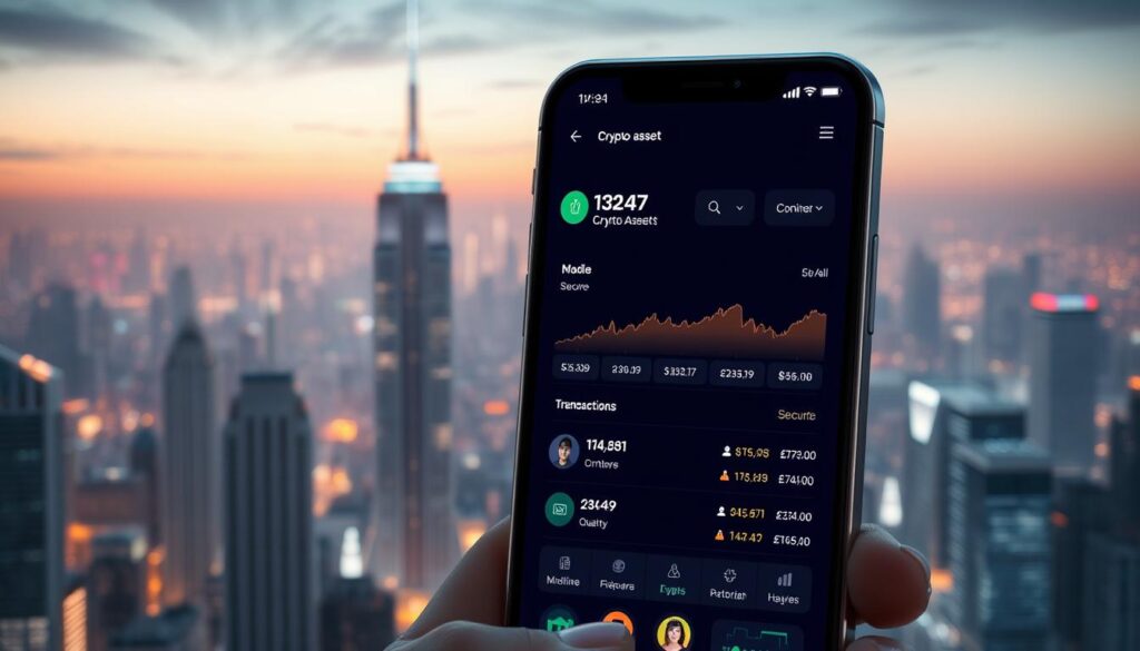 A sleek and secure cryptocurrency wallet app interface, its main screen displaying a clean dashboard with user's crypto asset balances, trading charts, and transaction history. The user interacts with the app via a minimalist yet intuitive UI, with crisp typography and vibrant icons. The app is set against a background of a futuristic cityscape, with skyscrapers and holographic displays illuminating the night sky, conveying a sense of technological sophistication. Soft, ambient lighting creates a calming, professional atmosphere. The overall impression is one of a powerful, trustworthy crypto management solution.