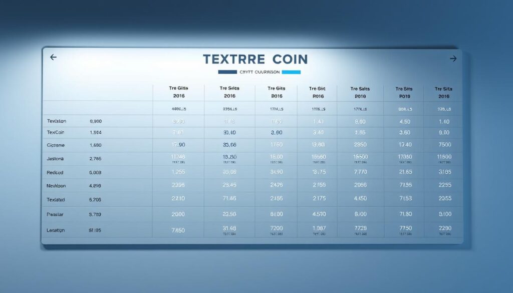 A sleek, data-driven cryptocurrency comparison chart rendered with a clean, minimalist aesthetic. The chart displays the key metrics and performance indicators for Texit Coin alongside several leading cryptocurrencies, presented in a grid-like layout with crisp typography and precision-engineered icons. The chart is illuminated by cool, neutral lighting, casting subtle shadows that add depth and dimension. The composition is balanced, with the cryptocurrencies evenly spaced and aligned, creating an organized, authoritative visual that allows for easy comparison and analysis. The overall mood is professional, informative, and visually striking, perfectly suited to illustrate the "Comparisons: Texit Coin Versus Other Cryptocurrencies" section of the article.