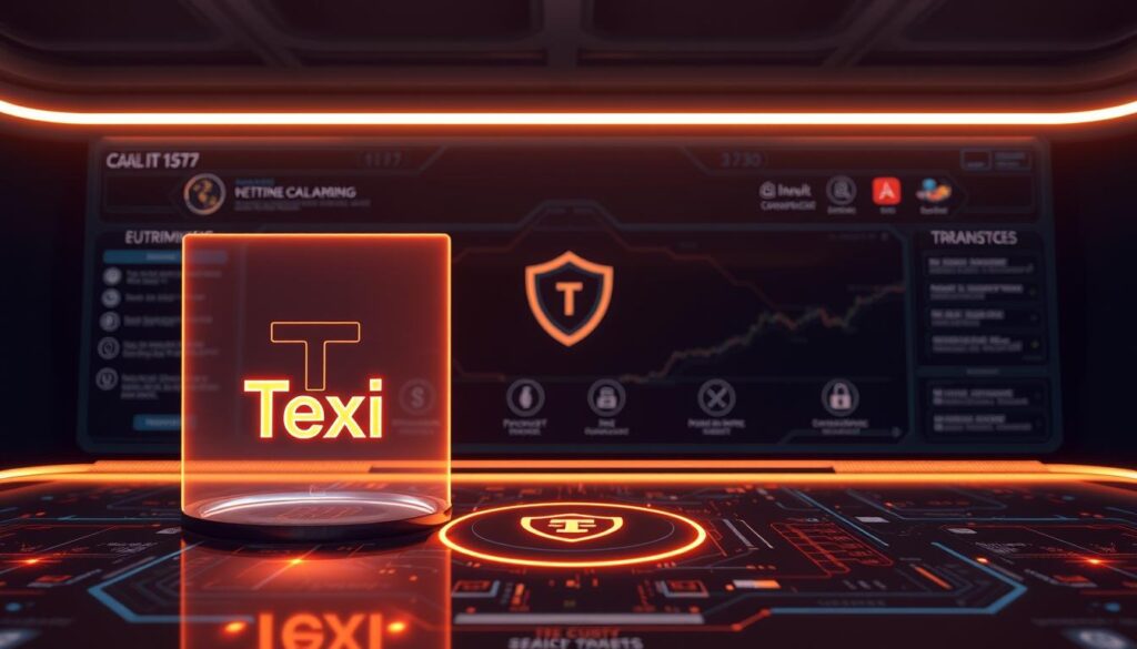 A sleek, futuristic digital currency exchange platform with cutting-edge security features. In the foreground, a holographic display showcases the Texit Coin logo, its details shimmering under warm, diffused lighting. In the middle ground, a series of security icons represent advanced authentication, encryption, and fraud detection systems. The background features a minimalist, high-tech interface with clean lines and subdued hues, evoking a sense of trust and reliability. The overall atmosphere conveys the Texit Coin Dex's commitment to secure, seamless trading in a decentralized, user-centric environment.
