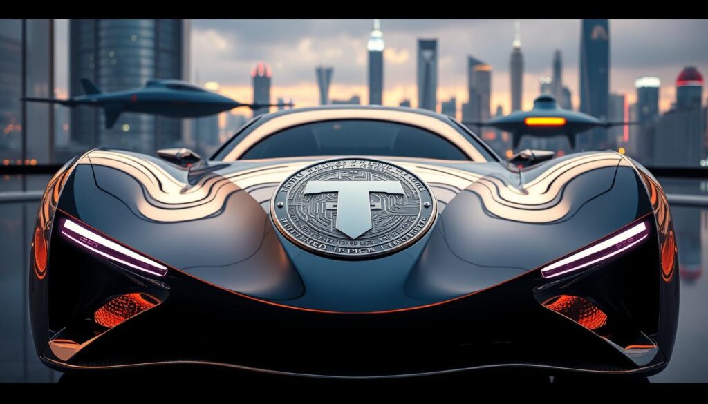 A sleek, metallic Texit Coin adorns the center of a futuristic concept car. Gleaming chrome panels reflect the warm glow of soft, ambient lighting, creating an atmosphere of technological elegance. The vehicle's streamlined silhouette hints at advanced aerodynamics, while the Texit Coin's intricate, blockchain-inspired design suggests a seamless integration of digital currency and automotive technology. In the background, a cityscape of towering skyscrapers and hovercraft creates a vision of a thriving, crypto-powered metropolis. Captured through the lens of a high-end camera, this image showcases the harmonious fusion of Texit Coin and the automotive industry, pointing towards a innovative, cashless future.