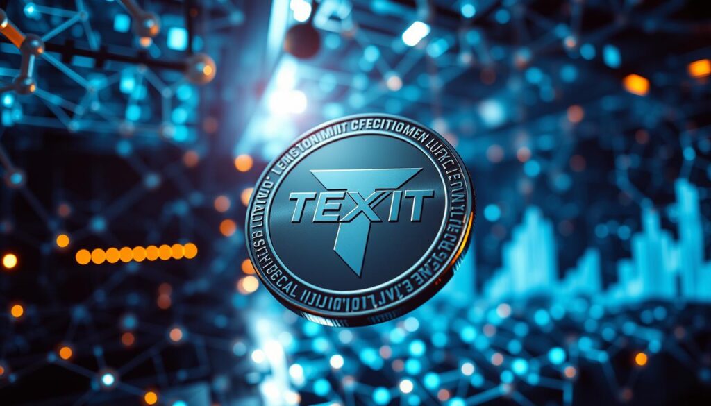 A sleek, metallic Texit Coin model hovers in the center of the frame, surrounded by a network of interconnected nodes and circuits. In the background, a glowing grid of blockchain data visualizations pulsates with energy, casting a cool, technological glow across the scene. The composition is captured through a wide-angle lens, emphasizing the complex, interlocking nature of Texit Coin's mining and tokenomics infrastructure. Dramatic side lighting accentuates the sharp edges and shiny surfaces of the coin model, conveying a sense of precision and innovation. The overall atmosphere is one of futuristic sophistication, reflecting the advanced technology powering Texit Coin's revolutionary payment system.