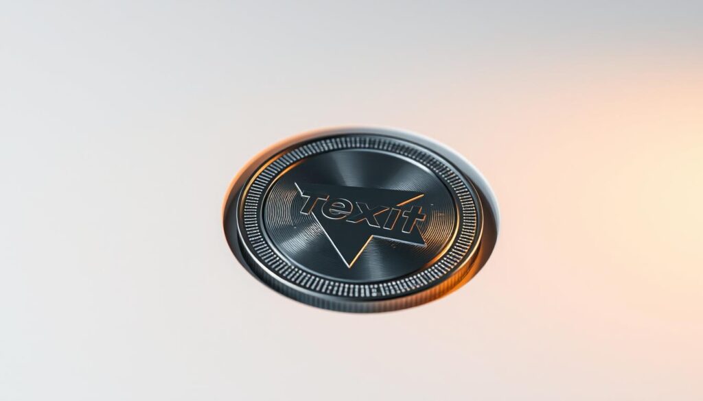 A sleek, metallic Texit Coin smart contract nestled in a minimalist, monochromatic background. The contract's surface reflects the gentle glow of a warm, directional light, casting subtle shadows that convey a sense of depth and solidity. The overall composition is clean and elegant, with a focus on the contract's intricate details and underlying technical complexity. The mood is one of sophistication and innovation, inviting the viewer to explore the depths of this groundbreaking blockchain project.