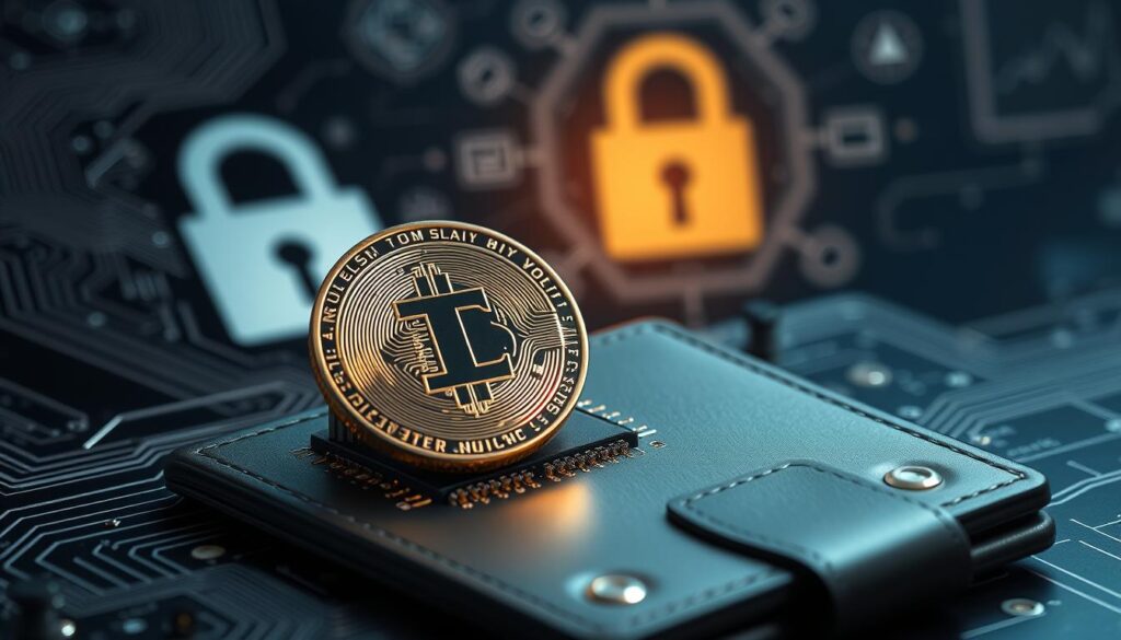 A sleek, metallic crypto coin sits atop a secure digital wallet, casting a warm glow under a soft, directional light. Intricate circuits and microchips surround the coin, representing the complex infrastructure of private key management. In the background, a stylized padlock and security icons symbolize the importance of safeguarding these digital assets. The overall composition conveys a sense of technological sophistication and the gravity of protecting one's Texit coin private keys.