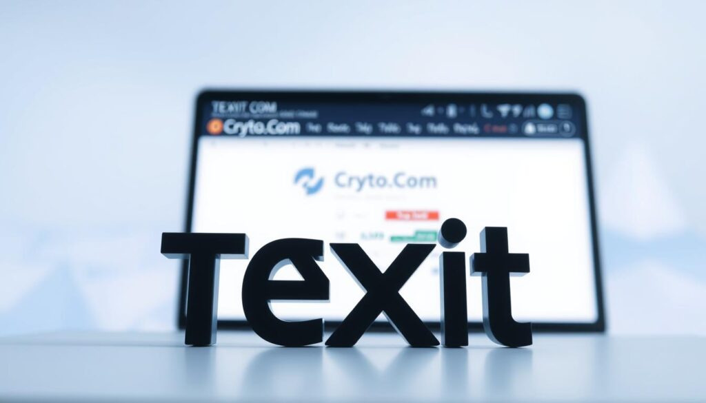 A sleek, minimalist advertisement for "Texit Coin" displayed prominently on the Crypto.com trading platform. The foreground features the Texit Coin logo rendered in a bold, modern typeface, set against a clean, white background. The middle ground shows the Crypto.com trading interface, with a focus on the "Buy" button and related information. The background subtly depicts the Crypto.com app interface, with a soft, blurred gradient in the brand's signature colors, creating a sense of depth and professionalism. The lighting is bright and evenly distributed, with a slightly cool, technical tone, emphasizing the digital nature of the scene. The overall mood is one of clarity, accessibility, and financial opportunity.