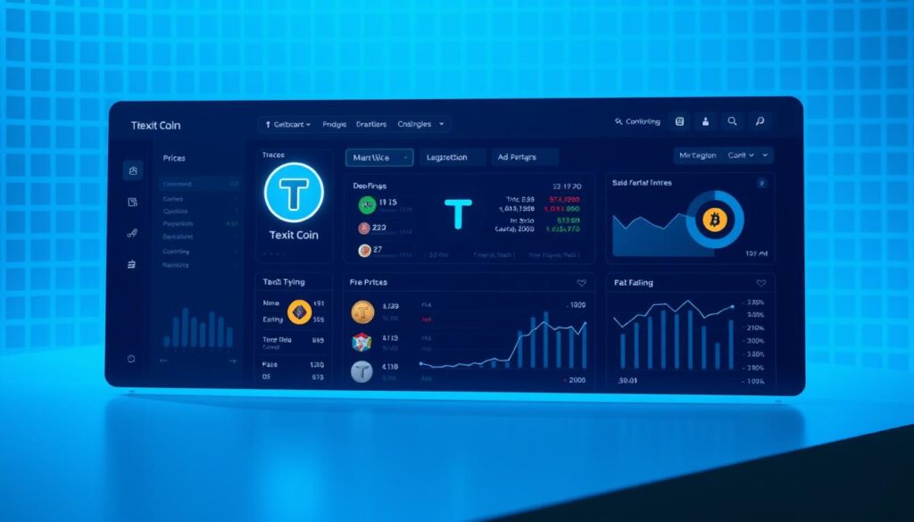 A sleek, minimalist cryptocurrency dashboard interface featuring the Texit Coin prominently displayed alongside the logos and analytics of other popular cryptocurrencies. The dashboard is bathed in a cool, blue-tinted lighting, creating a clean, professional atmosphere. In the background, a subdued grid pattern suggests the intricate technology powering the integration. The layout is well-organized, with intuitive controls and clearly delineated sections for tracking prices, transaction histories, and portfolio performance. The overall impression is one of sophisticated financial monitoring and analysis at your fingertips.