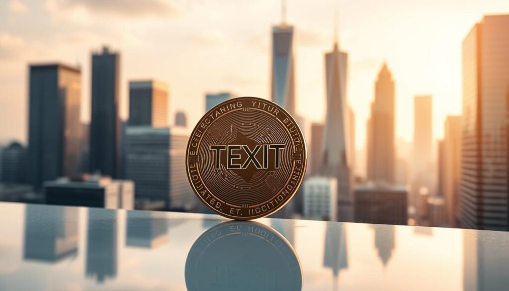 A sleek, minted Texit Coin against a backdrop of a cityscape skyline, casting a warm, golden glow. In the foreground, the coin rests on a polished surface, reflecting the urban landscape around it. The middle ground features skyscrapers and modern architecture, symbolizing the financial prowess and technological advancements associated with the Texit Coin. The background is bathed in a soft, hazy light, creating an atmosphere of sophistication and investment potential. The overall composition conveys a sense of stability, growth, and the promising future of the Texit Coin as a worthy investment opportunity.