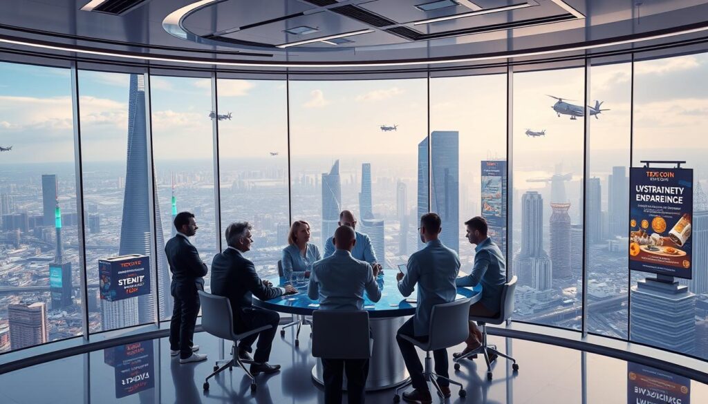 A sleek, modern cryptocurrency advertising agency office in a futuristic city skyline. The foreground features a professional-looking team of cryptocurrency experts meeting around a holographic display table, discussing marketing strategies and paid advertising options for Texit Coin. The middle ground showcases various digital screens and billboards promoting Texit Coin, with bold, eye-catching visuals and slogans. The background depicts a sprawling cityscape with towering skyscrapers, flying vehicles, and a vibrant, neon-lit atmosphere that captures the cutting-edge, tech-savvy nature of the cryptocurrency industry. Bright, natural lighting filters in through large windows, creating a sense of openness and innovation. The overall tone is one of professionalism, innovation, and the promise of financial prosperity through Texit Coin's paid advertising services.