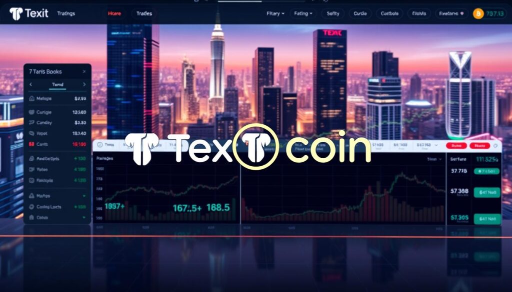 A sleek, modern cryptocurrency exchange interface with the "Texit Coin" logo prominently displayed. The foreground features a clean, minimalist design with intuitive trading tools, order books, and market data. The middle ground showcases various digital assets and cryptocurrencies, including Texit Coin, presented in a visually appealing manner. The background depicts a futuristic, high-tech cityscape with skyscrapers, neon lights, and a vibrant, energetic atmosphere. The overall scene conveys a sense of innovation, accessibility, and the potential of Texit Coin as a cutting-edge digital asset.
