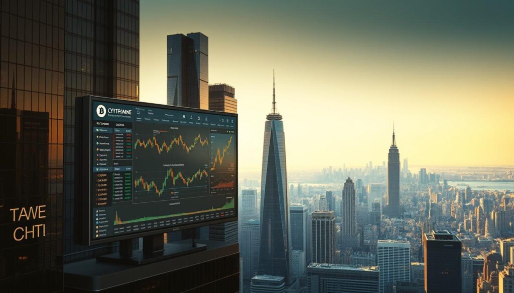 A sleek, modern cryptocurrency exchange platform nestled against a backdrop of towering skyscrapers, with a vibrant city skyline in the distance. The platform's interface is displayed on a series of high-resolution monitors, showcasing various cryptocurrencies and their real-time trading data. The scene is bathed in a warm, golden light, creating a sense of dynamism and technological sophistication. The overall atmosphere conveys the excitement and potential of the digital currency market, inviting the viewer to explore the intricacies of this emerging financial landscape.