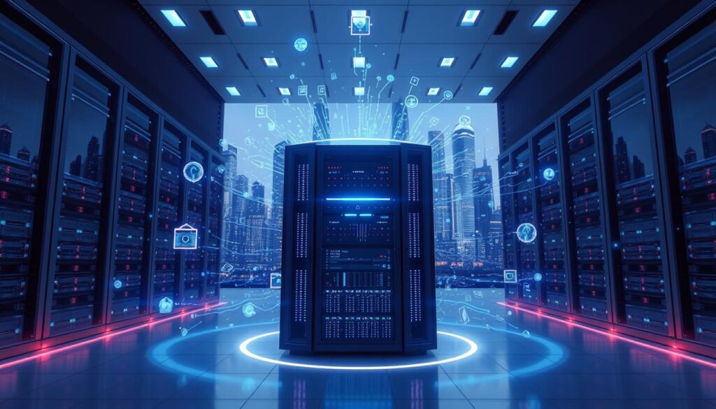 A sleek, modern digital asset storage interface. A central server hub in the foreground, surrounded by floating holographic data streams. The server rack is illuminated by cool blue lighting, casting a futuristic glow. In the middle ground, transparent windows reveal stacks of secure data storage units, their LED indicators pulsing with activity. The background features a cityscape of towering skyscrapers, hinting at the global scale of the digital asset storage infrastructure. An atmosphere of technological sophistication, efficiency, and safety, suitable for securely storing and managing the Texit Coin Wallet's digital assets.