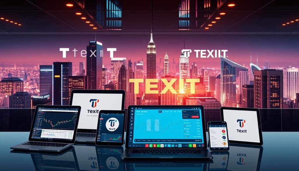 A sleek, modern interface showcasing various Texit coin exchange platforms. In the foreground, several digital devices display live trading data, charts, and transaction histories. The middle ground features prominent exchange logos and branding, conveying a sense of legitimacy and security. In the background, a cityscape of skyscrapers and bustling financial districts creates a vibrant, high-tech atmosphere. The lighting is warm and inviting, with subtle reflections and gradients adding depth and a premium feel. The overall composition evokes a professional, trustworthy, and cutting-edge environment for buying and trading Texit cryptocurrency.