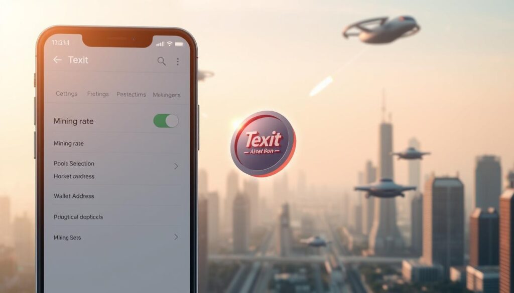 A sleek, modern mobile app interface with a clean, minimal design. The foreground features the Texit coin mining app settings screen, showcasing various options and controls such as mining rate, pool selection, wallet address, and mining status. The middle ground displays a 3D-rendered Texit coin spinning and pulsing with a soft, ambient glow, emphasizing the app's focus on cryptocurrency mining. The background depicts a serene, futuristic cityscape with skyscrapers and hovering vehicles, bathed in a warm, diffused lighting that creates a sense of technological advancement and progress. The overall atmosphere is one of efficiency, simplicity, and the empowerment of users to easily mine Texit coins through a user-friendly mobile application.