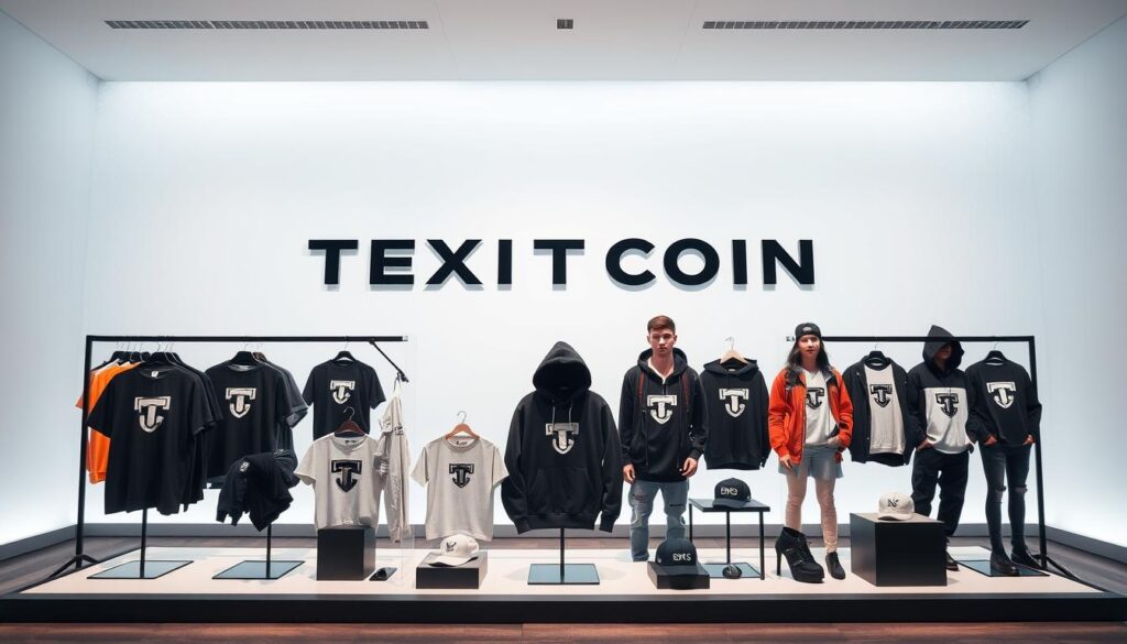 A sleek, modern setting with a central display showcasing a stylish "Texit Coin" merchandise collection. The foreground features a variety of trendy apparel items such as t-shirts, hoodies, and hats, all emblazoned with the Texit Coin logo and symbol. The middle ground depicts well-dressed models casually showcasing the merchandise against a clean, minimalist backdrop, perhaps a studio or gallery-like space with soft, even lighting. In the background, subtle blockchain-inspired patterns or digital elements subtly reference the crypto-inspired nature of the fashion line. The overall atmosphere conveys a sense of sophistication, innovation, and the rising popularity of crypto-themed style.