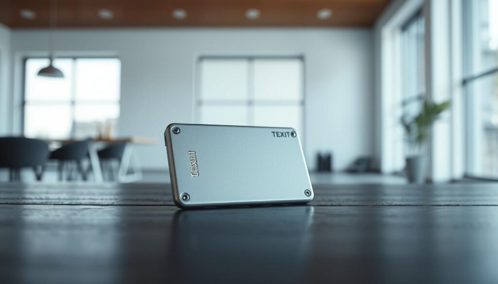 A sleek, silver-colored Texit coin cold storage hardware wallet rests on a dark wooden table, its minimalist design and discreet branding exuding a sense of security and sophistication. The wallet's sturdy, tamper-evident casing is backlit by soft, diffused lighting, creating subtle shadows that accentuate its precise lines and angles. In the background, a clean, modern interior with white walls and a large window provides a calming, minimalist backdrop, allowing the wallet to take center stage as the focal point of the image. The overall scene conveys a sense of trust, protection, and the importance of safeguarding one's Texit coin holdings in a secure, offline environment.