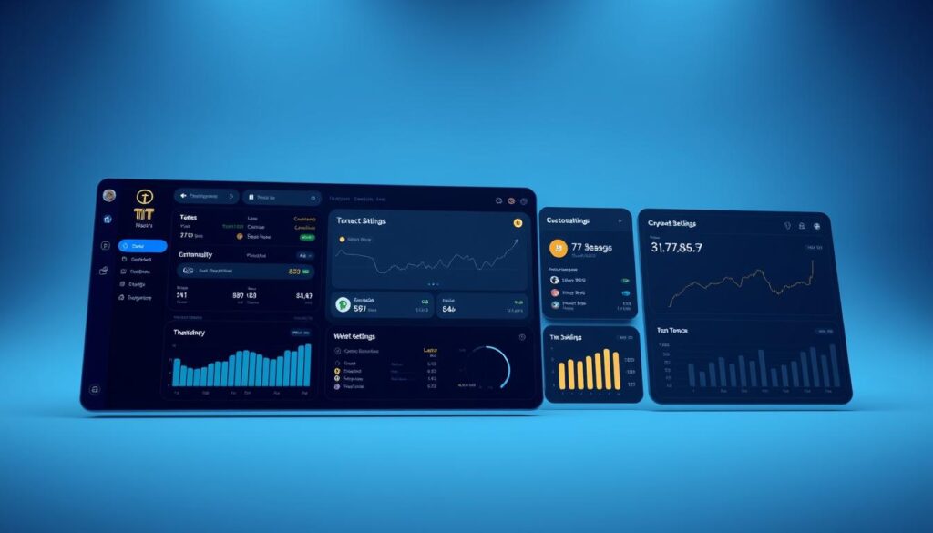 A sleek, user-friendly dashboard displaying the real-time status of a "Texit Coin" cryptocurrency transaction platform. Soft, ambient lighting illuminates a minimalist interface with clean lines and intuitive controls. In the foreground, a responsive touch-screen shows various metrics and analytics, seamlessly integrating transaction histories, wallet balances, and market trends. The middle ground features modular panels displaying customizable settings and account management tools. In the background, a subtle gradient backdrop evokes a sense of digital sophistication, complementing the overall aesthetic of simplicity and functionality. The overall mood is one of efficient, streamlined crypto management for the modern user.
