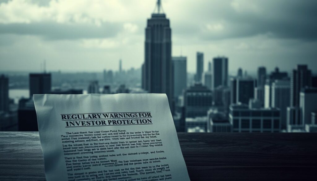 A stark, authoritative scene of regulatory warnings for investor protection. In the foreground, a terse, boldly-worded official document with a government seal commands attention, casting an ominous shadow. In the middle ground, a maze of complex financial charts and graphs conveys the complexity of the financial landscape. In the distant background, a towering skyscraper skyline evokes the scale and gravity of the regulatory environment. Cool, muted lighting lends a sense of gravitas, while a shallow depth of field focuses the viewer's eye on the key elements. An atmosphere of caution and vigilance pervades the scene.