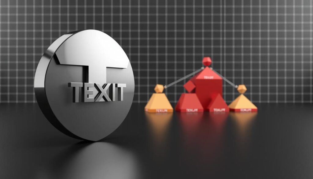 A striking 3D render depicting the commission structure for the Texit Coin cryptocurrency. In the foreground, a sleek, metallic Texit Coin logo takes center stage, its surface reflecting the studio lighting. In the middle ground, a series of interconnected cubes and pyramids represent the various commission tiers, each with its own distinct color and shape. The background features a minimalist, high-contrast grid pattern, creating a sense of depth and structure. The overall composition conveys a sense of balance, efficiency, and professionalism, reflecting the robust compensation plan of the Texit Coin community.