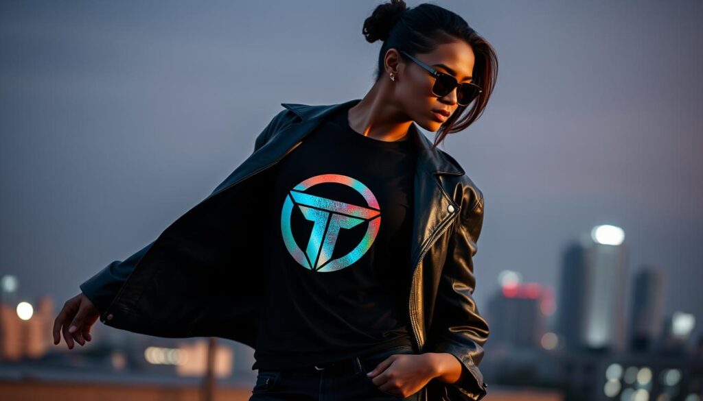 A stylish model poses gracefully, showcasing a sleek, minimalist texit coin t-shirt. The shirt's design features a bold, geometric texit coin emblem rendered in a metallic, almost holographic finish, catching the light and creating an eye-catching, futuristic effect. The model's accessories, such as a leather jacket and slim-fit jeans, complement the crypto-inspired aesthetic, creating an effortlessly cool and trendy look. The background is a moody, urban setting with a subtle cityscape in the distance, adding to the modern, tech-savvy atmosphere. Soft, directional lighting illuminates the model, highlighting the details of the apparel and lending an aspirational, high-fashion feel to the scene.