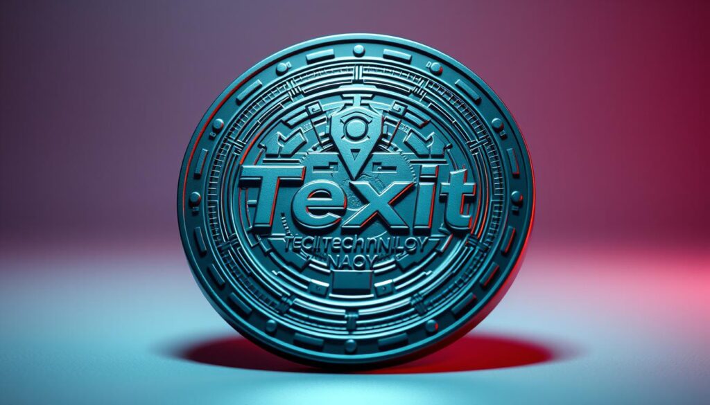 A three-dimensional metallic coin design with the "Texit Coin Technology" branding prominently displayed. The coin's surface has a highly reflective, polished finish that catches the light, giving it a sleek, futuristic aesthetic. The design features intricate geometric patterns and mechanical elements, hinting at the advanced technology powering the Texit Coin. The coin is set against a minimalist, gradient background that helps it stand out and conveys a sense of sophistication. The lighting is dramatic, with strong shadows and highlights that accentuate the coin's dimensional qualities and convey a sense of depth and solidity. The overall composition is well-balanced and visually striking, effectively showcasing the Texit Coin Technology.