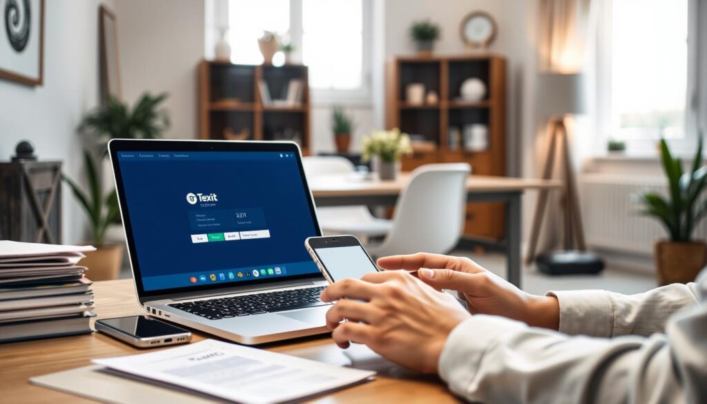 A tranquil, well-lit interior of a modern home office, with a desk featuring a laptop, smartphone, and a stack of documents. In the foreground, a person's hands are carefully navigating through the purchase process of Texit Coin on a digital wallet app displayed on the laptop screen. The middle ground showcases a neatly arranged desk setup, hinting at a professional and organized workspace. The background features tasteful decor, with a large window allowing natural light to flow in, creating a serene and focused atmosphere for the Texit Coin transaction.