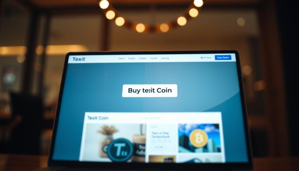A user-friendly online interface with a sleek, modern design. Centered on the screen, a prominent "Buy Texit Coin" button beckons the user. In the foreground, crisp product images showcase the digital currency, inviting exploration. The background softly blurs, drawing the eye to the core action - the intuitive purchasing flow. Warm lighting casts a welcoming glow, while subtle shadows add depth and dimensionality. The overall atmosphere is one of effortless transaction, reflecting the ease of acquiring Texit Coin through this streamlined, online experience.