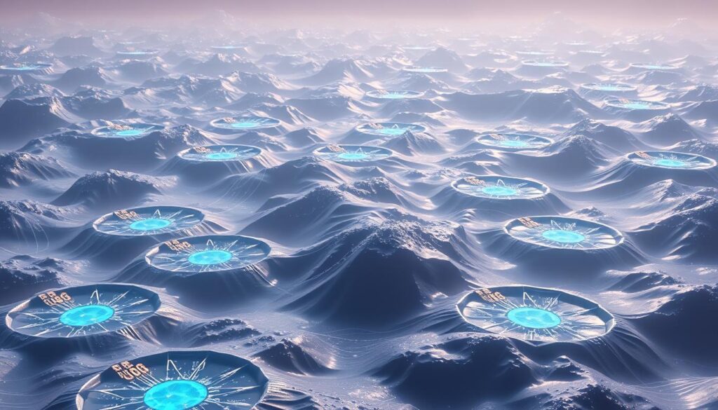 A vast and dynamic financial landscape, where the currents of cryptocurrency trading ebb and flow. In the foreground, a vibrant array of liquidity pools, their shimmering surfaces reflecting the intricate dance of digital assets. Soft, diffused lighting illuminates the intricate network of interconnected pools, each a nexus of liquidity, facilitating seamless transactions. In the middle ground, a series of geometric shapes, representing the complex algorithms and smart contracts that govern these decentralized exchange mechanisms. The background is a dreamlike, almost ethereal, backdrop of abstracted shapes and patterns, hinting at the broader ecosystem of blockchain technology that underpins the entire system. An atmosphere of fluidity, transparency, and technological innovation permeates the scene, inviting the viewer to explore the power of decentralized trading.