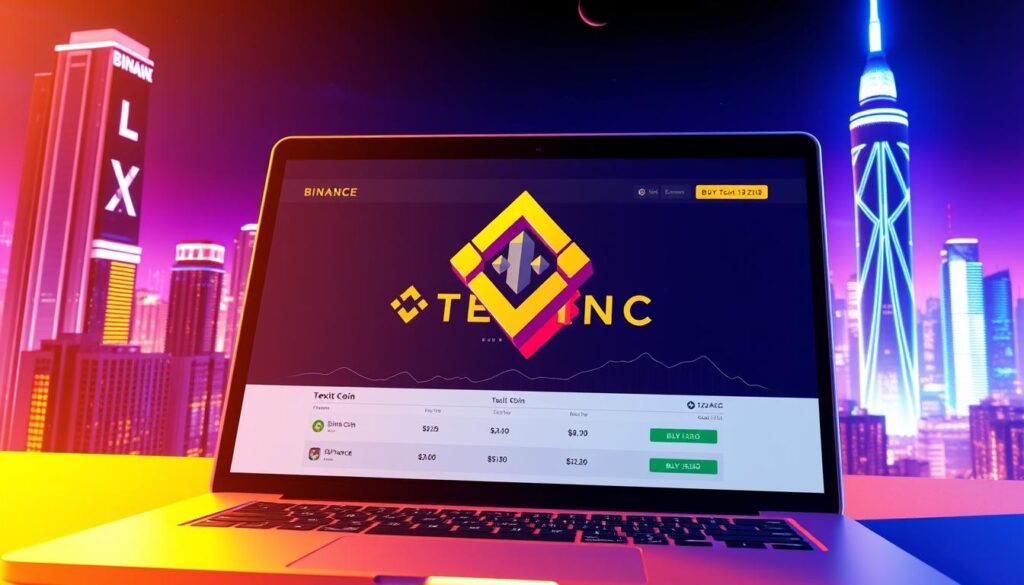 A vibrant and dynamic illustration depicting the process of buying Texit Coin on the Binance cryptocurrency exchange. In the foreground, a laptop or mobile device displays the Binance trading platform, showcasing the Texit Coin trading pair with clear buy and sell options. The middle ground features a stylized Texit Coin logo, rendered in 3D with a metallic sheen, floating above a sleek, minimalist interface. The background is a futuristic cityscape, with towering skyscrapers and a vibrant, neon-lit skyline, conveying a sense of technological advancement and financial innovation. The overall composition is illuminated by warm, directional lighting, creating depth and drama, and the mood is one of excitement and opportunity surrounding the Texit Coin listing on Binance.