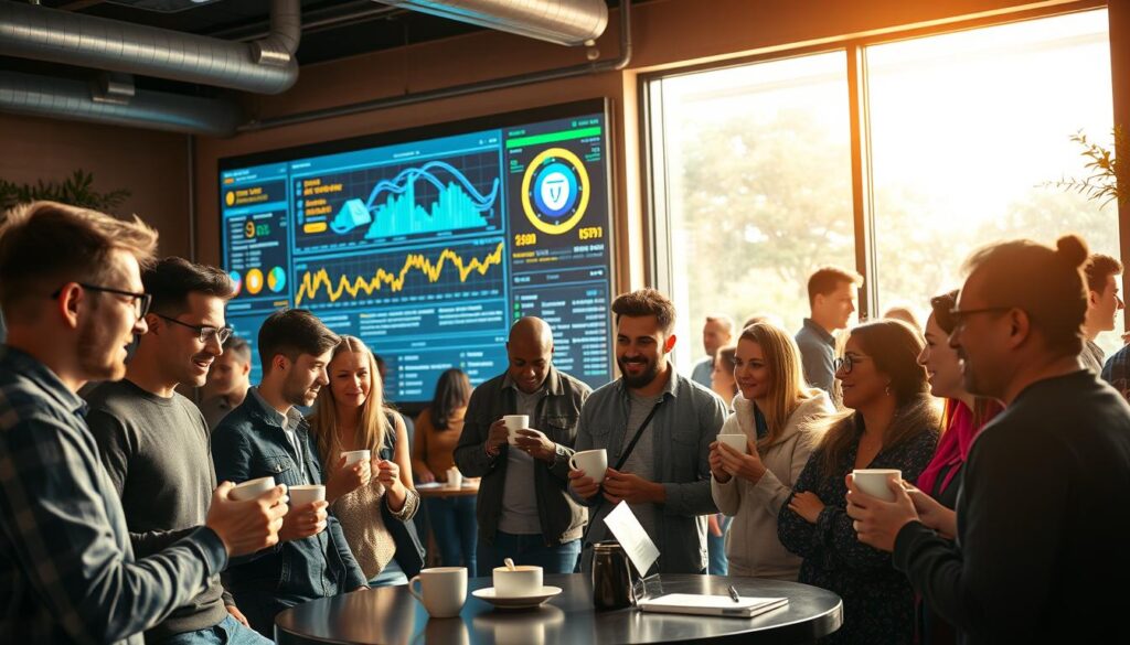A vibrant and engaged Texit Coin community gathers in a cozy cafe setting, with a warm glow of natural light filtering through large windows. In the foreground, a group of passionate cryptocurrency enthusiasts discuss the latest Texit Coin developments over cups of coffee, their faces animated with excitement. In the middle ground, others browse informative displays and brochures, learning about the project's features and roadmap. The background showcases a dynamic digital display, projecting real-time Texit Coin market data and community activity, creating a sense of connectivity and momentum. The overall atmosphere is one of collaboration, learning, and a shared sense of purpose in supporting the growth of the Texit Coin ecosystem.