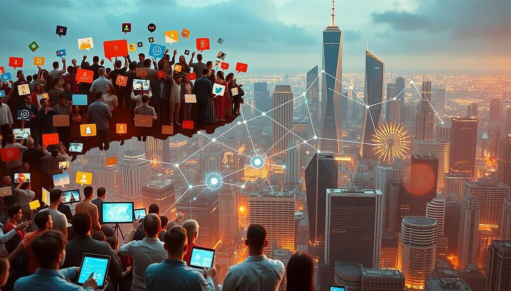 A vibrant community forum filled with diverse perspectives, floating above a bustling cityscape. The foreground showcases an array of digital devices and social media interfaces, capturing the constant exchange of ideas and sentiments. In the middle ground, a pulsing network of interconnected nodes represents the data flows and analytical insights. The background features a futuristic skyline with towering skyscrapers, symbolizing the global reach and significance of this community's collective voice. Warm, diffused lighting creates a sense of collaborative energy, while a cinematic camera angle emphasizes the sense of scale and importance. The overall composition conveys the power of community-driven intelligence and its impact on the world.