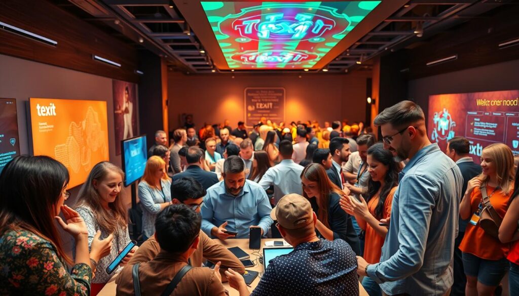 A vibrant community gathering centered around the Texit Coin, with people enthusiastically discussing and engaging with the cryptocurrency. In the foreground, a diverse group of individuals huddled around a table, gesticulating animatedly and examining various digital devices. In the middle ground, a larger crowd mingling and networking, their faces alight with enthusiasm. The background features a modern, tech-savvy setting, with sleek displays and digital visualizations of the Texit Coin's blockchain architecture. Warm, vibrant lighting casts a welcoming glow, and the overall atmosphere conveys a sense of collaboration, innovation, and a shared sense of purpose within the Texit Coin community.