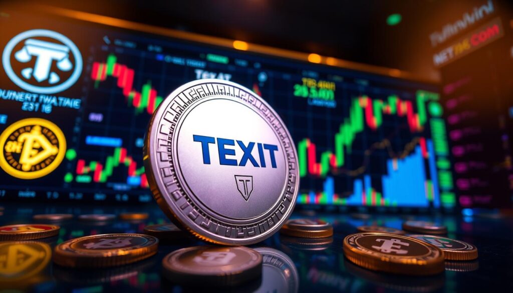 A vibrant cryptocurrency trading landscape featuring Texit Coin as the focal point. In the foreground, the Texit Coin's distinctive design stands out against a backdrop of other digital currencies, each represented by their iconic logos. The middle ground showcases the fluctuating charts and graphs, reflecting the dynamic market performance. The background is illuminated by a warm, golden glow, creating a sense of energy and momentum. Captured with a wide-angle lens, the scene conveys the global scale and significance of the cryptocurrency market, with Texit Coin commanding attention as a rising contender among the established players.