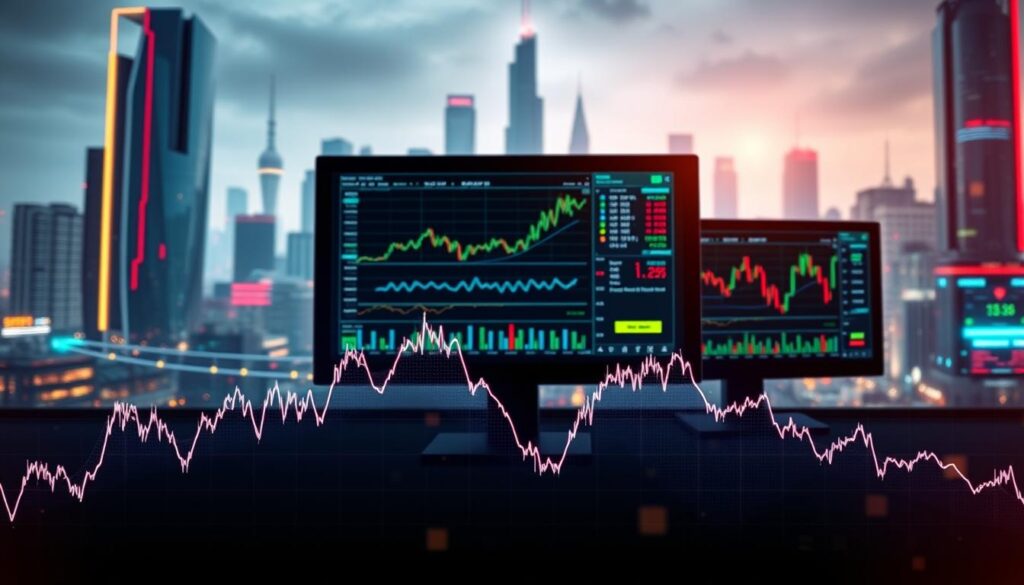 A vibrant, data-driven visualization of cryptocurrency market trends. In the foreground, a dynamic line chart tracks the rise and fall of various digital currencies over time, rendered with crisp detail and precise data points. In the middle ground, a trio of computer monitors display real-time market data, their screens filled with fluctuating graphs and candlestick charts. The background features a futuristic cityscape, with sleek skyscrapers and glowing neon accents, suggesting the integration of cryptocurrency into the modern business landscape. The scene is illuminated by a warm, ambient lighting that creates a sense of energy and innovation. The overall composition conveys the evolving and tech-savvy nature of the cryptocurrency industry.