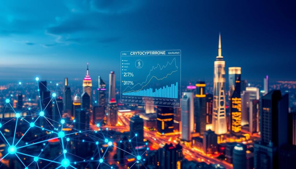 A vibrant, data-driven visualization of the evolving cryptocurrency job market. In the foreground, a dynamic network of connected nodes, representing various cryptocurrency-related roles and positions, pulsing with activity. In the middle ground, a sleek, holographic display showcases real-time trends and statistics, charting the growth and diversification of the crypto workforce. The background is a striking cityscape, with skyscrapers and futuristic architecture bathed in a warm, techno-futuristic glow, symbolizing the integration of blockchain technology into the urban landscape. The overall mood is one of innovation, opportunity, and the rapid evolution of a cutting-edge industry.