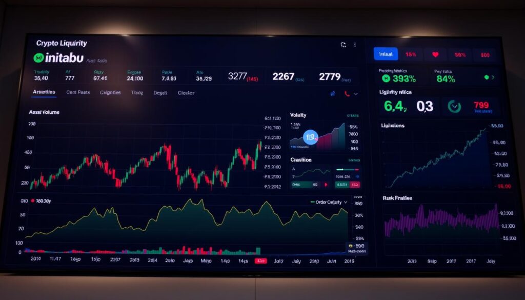 A vibrant data visualization dashboard showcasing crypto market liquidity analysis. The foreground features a detailed line graph charting trading volume, order book depth, and asset price fluctuations. The middle ground displays interactive visualizations of market volatility, liquidity metrics, and risk indicators. The background depicts a sleek, minimalist interface with a dark color palette, conveying a sense of technical proficiency. Bright accent colors highlight key insights and data points. Soft, directional lighting illuminates the dashboard, creating depth and highlighting the analytical data. Captured with a wide-angle lens to encompass the comprehensive scope of the market overview.