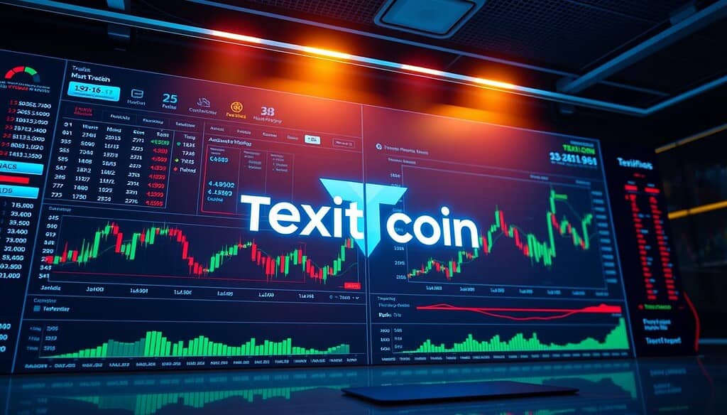 A vibrant digital trading platform with the Texit Coin logo prominently displayed, surrounded by an array of sleek, modern interface elements. The platform's dashboard showcases real-time market data, candlestick charts, and intuitive trading tools against a backdrop of a dynamic, data-rich environment. Warm lighting from above casts a welcoming glow, while clean lines and a minimalist aesthetic create a sense of professionalism and sophistication. The overall composition conveys the power and reliability of the Texit Coin trading experience, inviting users to make informed investment decisions.